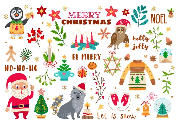 Christmas forest animals set in cartoon style — Stock Vector