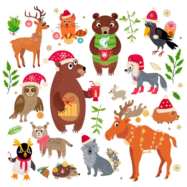 Animales del bosque de Navidad ambientados en estilo de dibujos animados Gráficos vectoriales