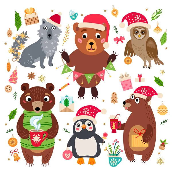 Animales del bosque de Navidad ambientados en estilo de dibujos animados Vector de stock