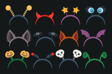 Baş dekorasyon ve maske seti. Vektör çizimi. Cadılar Bayramı saç bantları