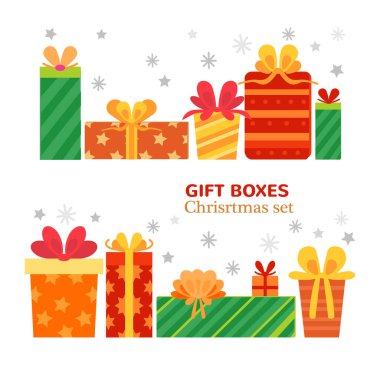 Farklı hediye kutularının vektör seti. Düz tasarım.