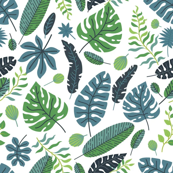 Tropical leaves vector pattern. Summer equatorial rainforest with foliage — Stock Vector