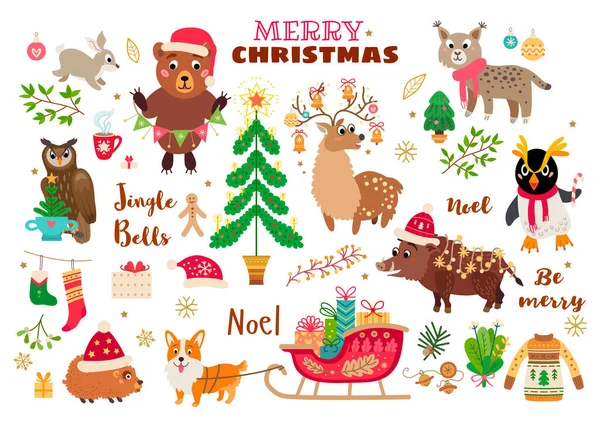 Christmas forest animals set in cartoon style — Stock Vector