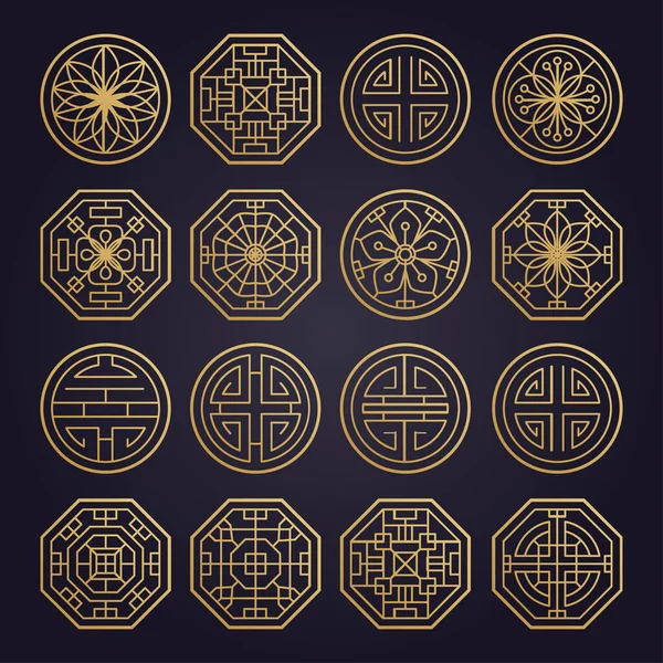 Asian various geometric traditional pattern. Vector set — Stock Vector