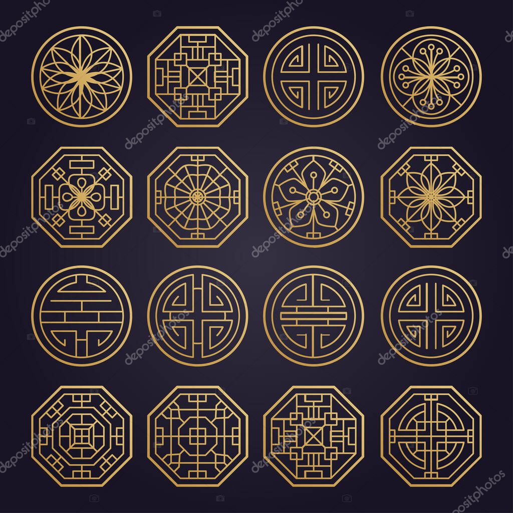 Asian various geometric traditional pattern. Vector set of cover design , poster, card, template. Abstract gold geometric frames
