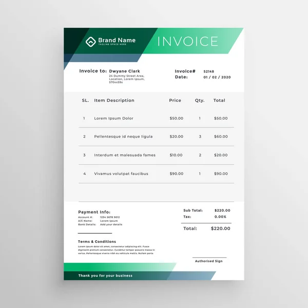 professional green geometric invoice template design