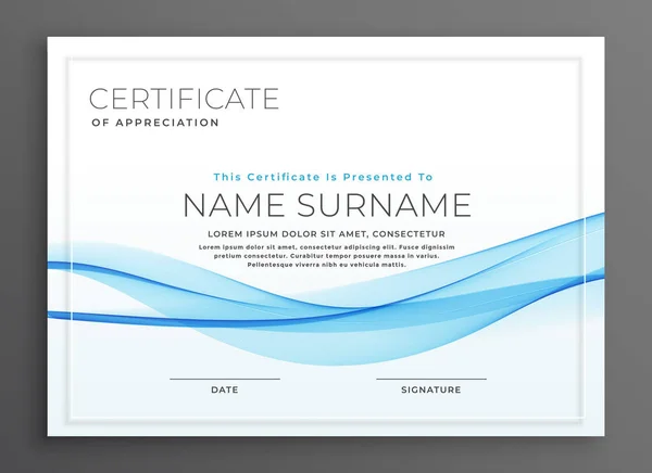 Design Certificado Diploma Onda Azul Elegante — Vetor de Stock