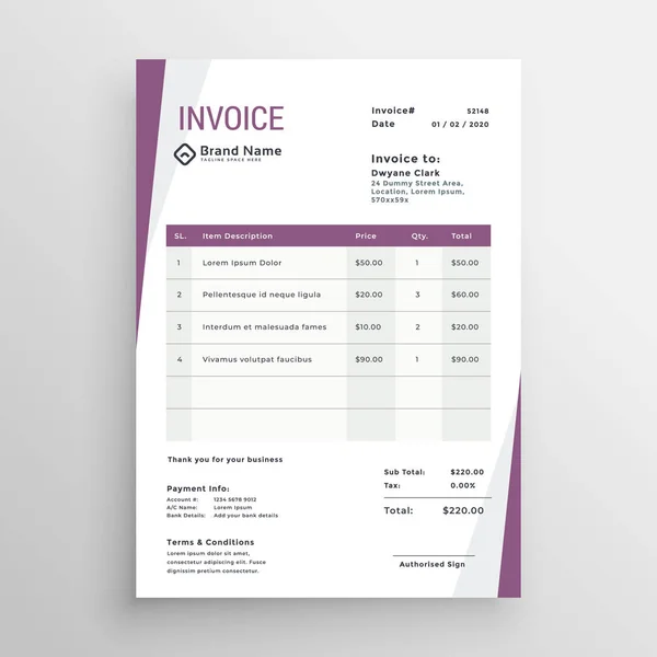 Clean Purple Business Invoice Template Design — Stock Vector