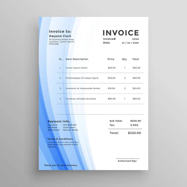 Invoice Template Design Blue Wavy Shape — Stock Vector