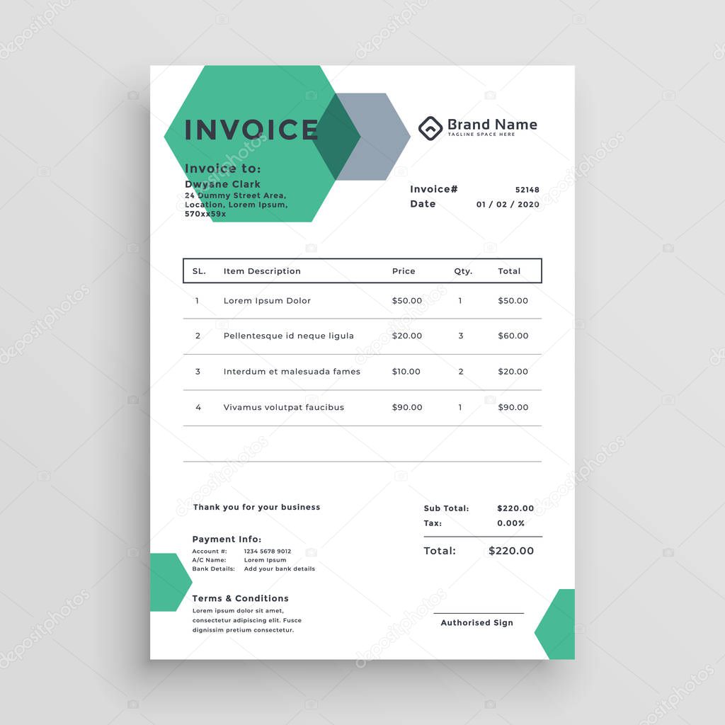 invoice template design with modern hexagonal shape