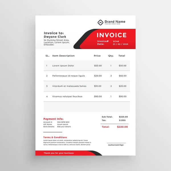 Stylish Red Theme Invoice Template — Stock Vector