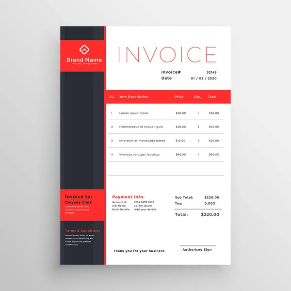Abstract Red Theme Business Invoice Template Design — Stock Vector
