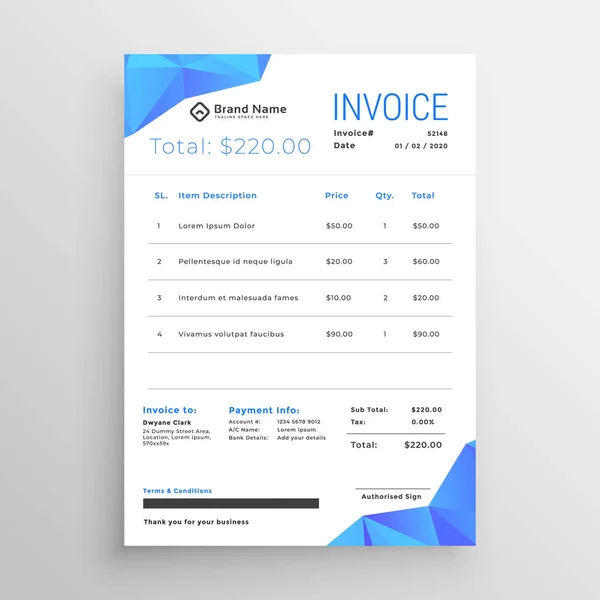 Clean Blue Abstract Low Poly Shapes Invoice Template — Stock Vector