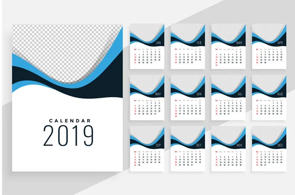 时尚波浪2019日历设计与每个月作为单独 — 图库矢量图片