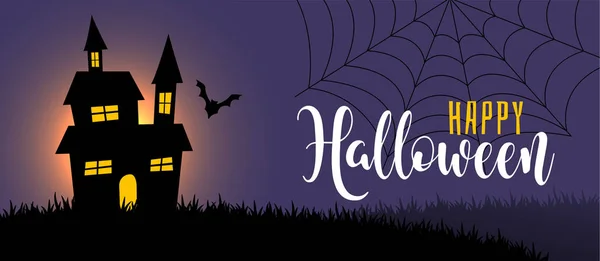 Halloween Escena Noche Con Casa Murciélago — Vector de stock