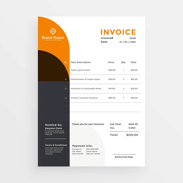 Diseño Plantilla Factura Negocios Naranja Negro — Vector de stock