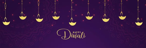 Zlatý Šťastný Diwali Diya Fialové Pozadí — Stockový vektor