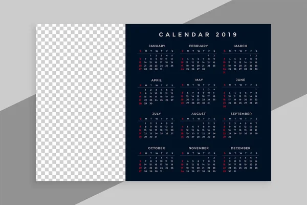 New Year 2019 Calendar Design Image Space — Stock Vector
