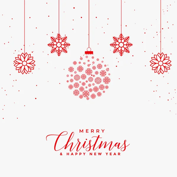 Adorável Cartão Branco Feliz Natal Com Bolas Vermelhas Flocos Neve — Vetor de Stock
