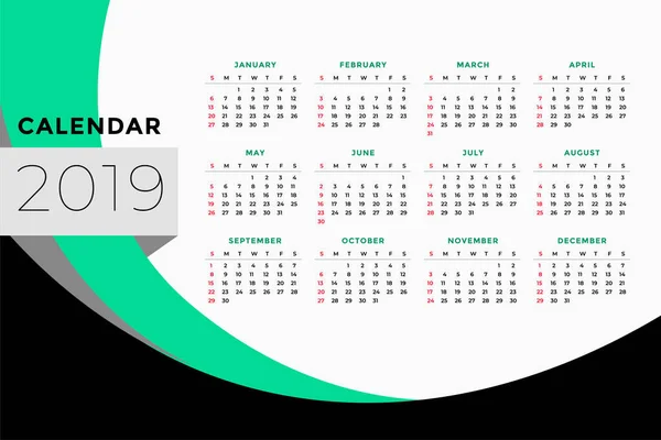 Calendar Template Design Year 2019 — Stock Vector