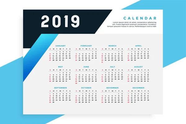 Modelo Calendário Estilo Negócio 2019 — Vetor de Stock