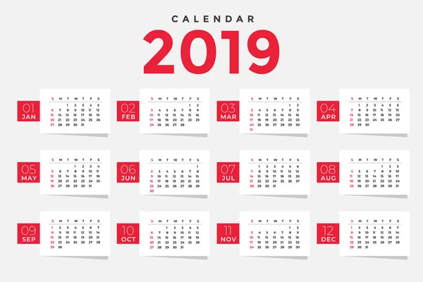 Clean 2019 Calendar Template Design — Stock Vector