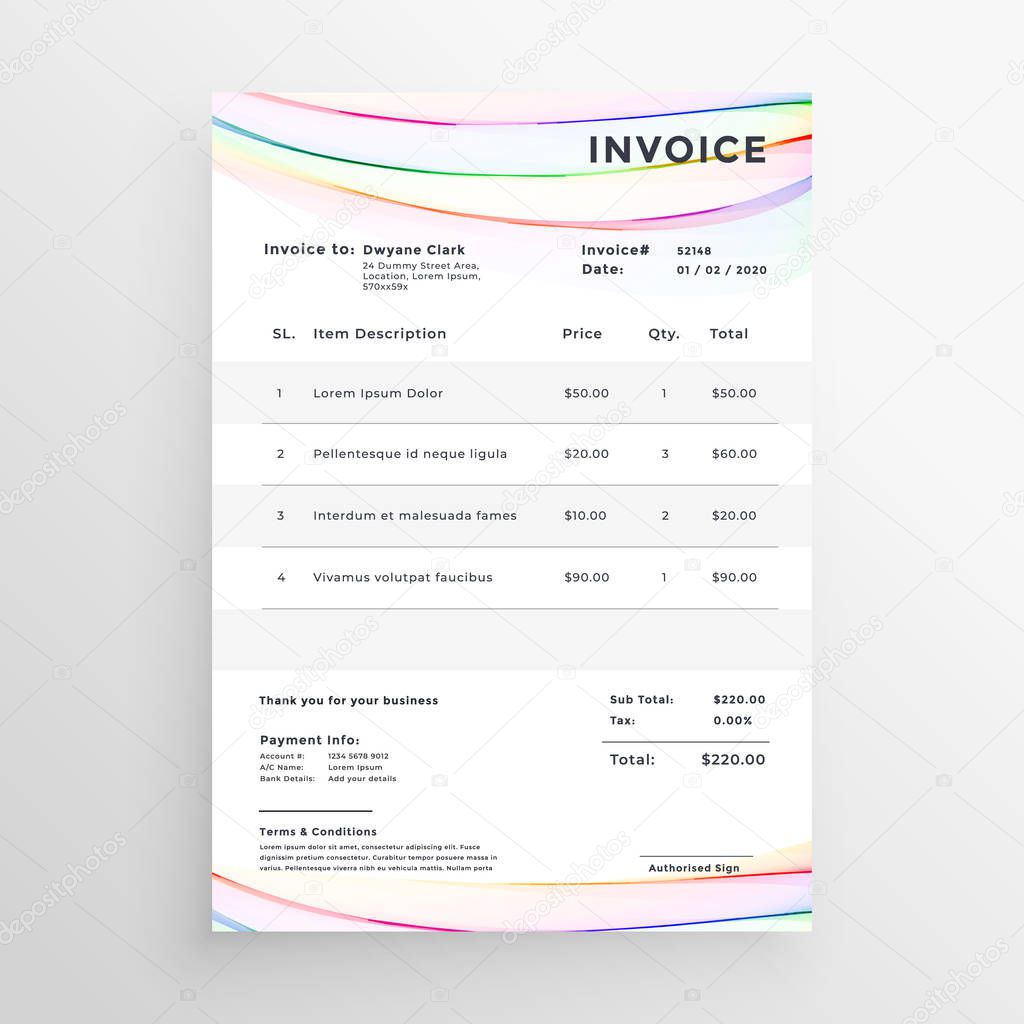 minimal invoice template with colorful wave lines