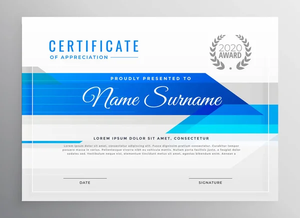 Moderno Modello Certificato Diploma Orizzontale Blu — Vettoriale Stock
