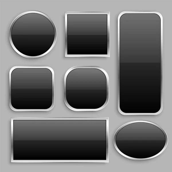 Conjunto de botón negro brillante con marco de plata — Vector de stock