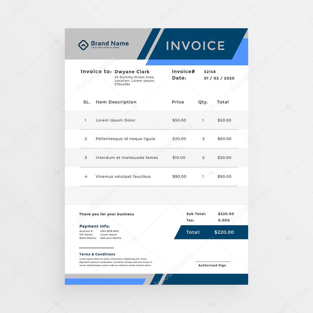 stylish blue business invoice template design