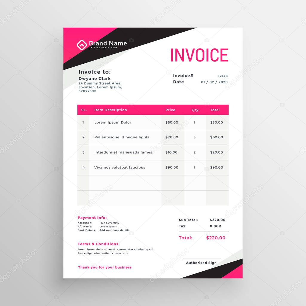 modern pink geometric invoice template design