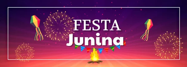 Festa junina celebración fuegos artificiales bandera — Vector de stock