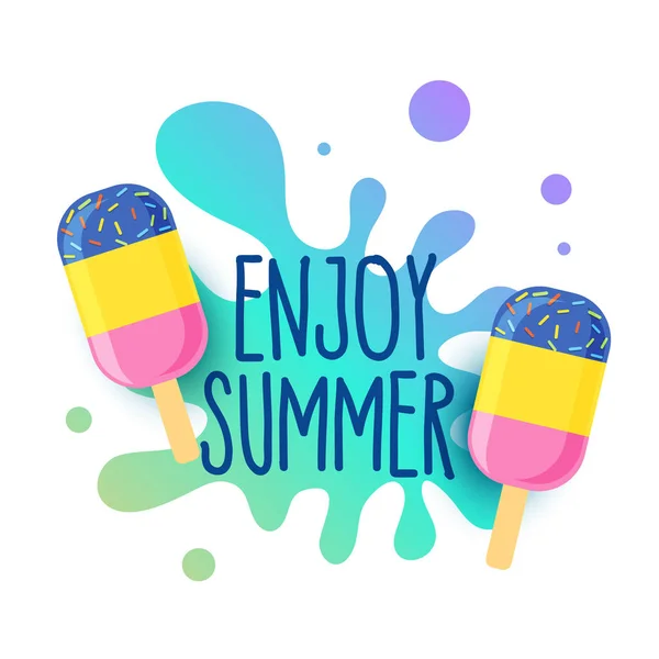 물 튀김과 행복 한 여름 아이스크림 배경 — 스톡 벡터