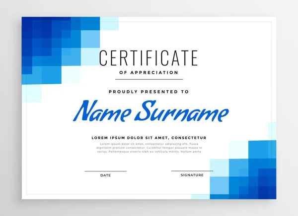 Modello di certificato di apprezzamento blu con forme a mosaico — Vettoriale Stock