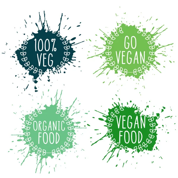 Etiquetas de salpicadura de comida vegetariana pura vegana en colores verdes — Vector de stock