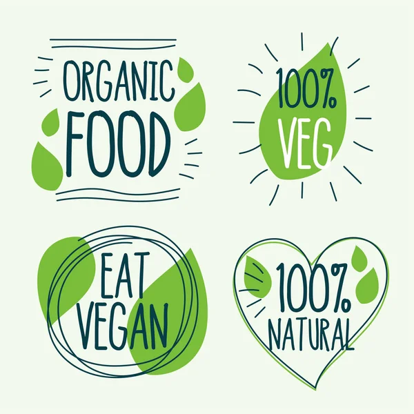 有机和纯素食食品标签在涂鸦风格 — 图库矢量图片