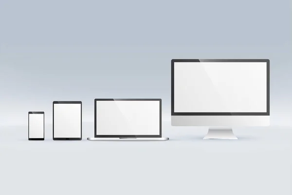 Maqueta de monitor ordenador portátil tableta y teléfono inteligente — Vector de stock