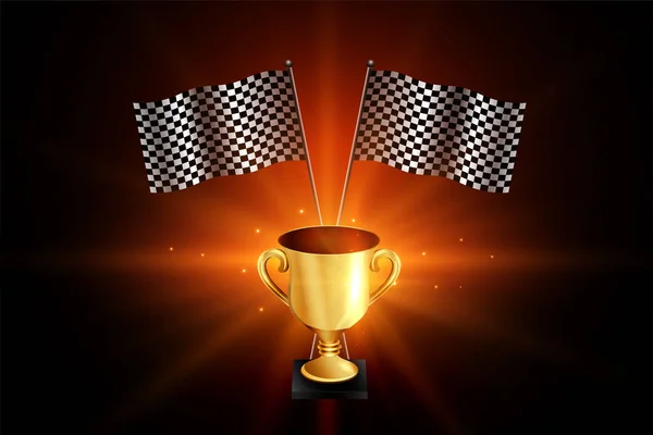 Winner golden trophy with racing flags background — Stock Vector