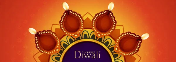 Boldog Diwali diya díszítés szép banner design — Stock Vector