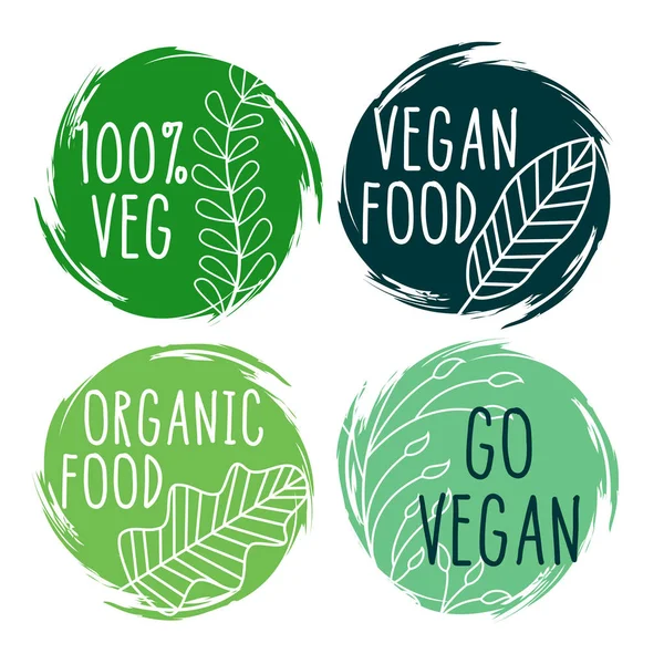 Etiquetas y símbolos de alimentos veganos orgánicos dibujados a mano — Vector de stock