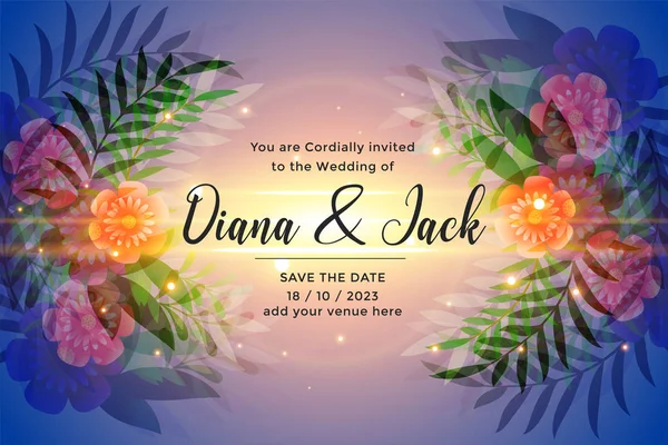 Design de cartão de convite de casamento incrível com flores coloridas —  Vetores de Stock