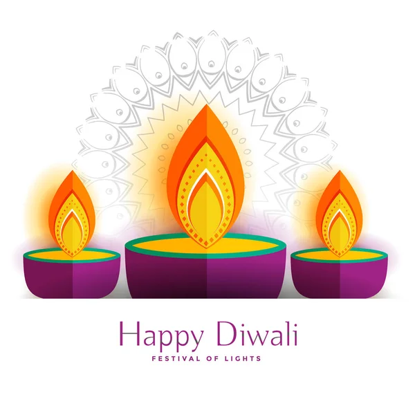 Três decorativos feliz diwali diya lâmpada de fundo — Vetor de Stock