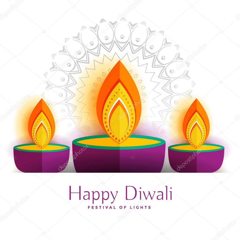 three decorative happy diwali diya lamp background