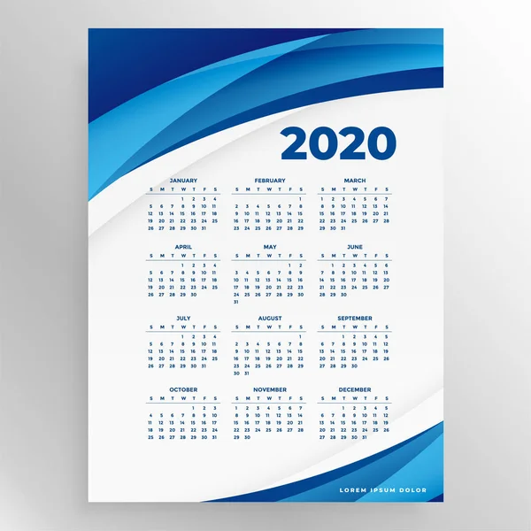 Mavi renklerde şık 2020 yeni yıl takvim tasarım şablonu — Stok Vektör