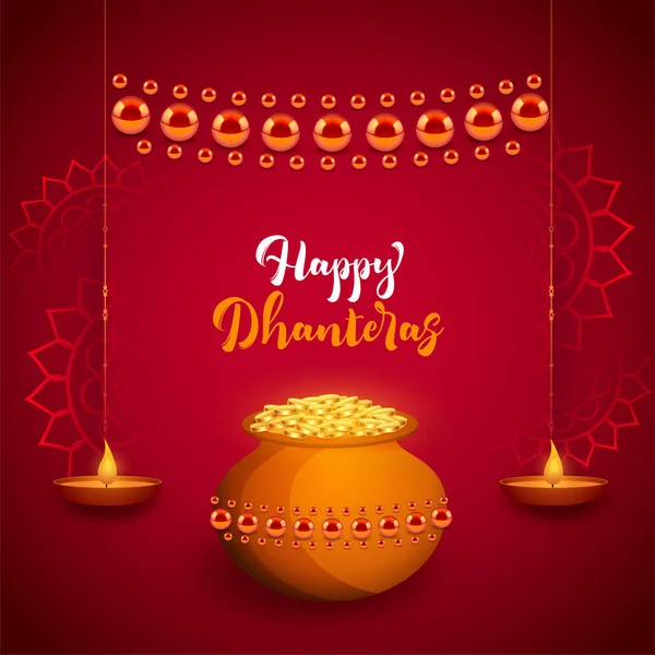 Bella felice dhanteras festival card con decorazione diya — Vettoriale Stock