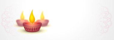 Üç diwali diya tasarımlı temiz beyaz pankart