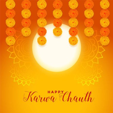 Mutlu Karwa Chauth festivali kartları dolunay ve kadife çiçekli.