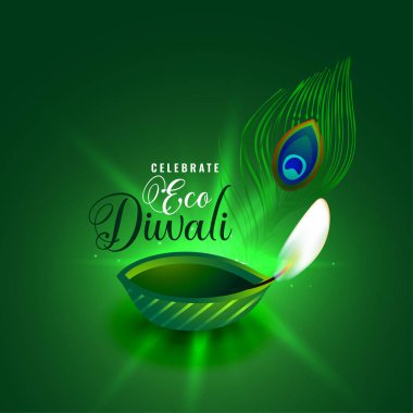Yeşil diya ve tavus kuşu tüyü tasarımlı eko diwali kavramı