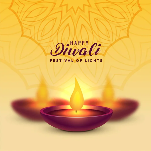 Χαρούμενη diwali ρεαλιστική diya σχεδιασμό κίτρινο φόντο — Διανυσματικό Αρχείο