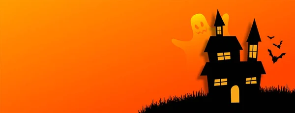 Pancarta de estilo plano halloweeb naranja con casa de miedo — Vector de stock